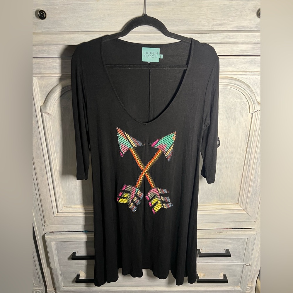 Judith March Black Jersey Deep V-Neck Embroidered Arrows‎ Dress Boho Flowy